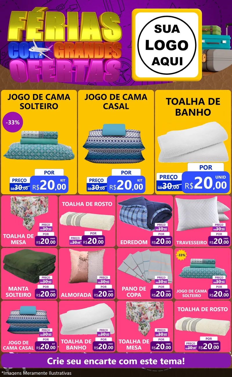 Modelo de Encarte para Encarte Grande com o tema Férias com Grandes Ofertas para Cama, Mesa e Banho