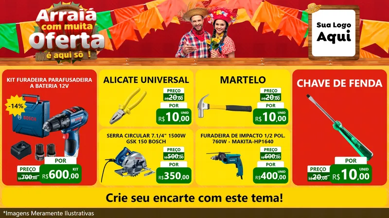 Modelo de TV para TV Horizontal com o tema Arraiá Com Muita Oferta - É Aqui Sô! para Maquinas e Ferramentas