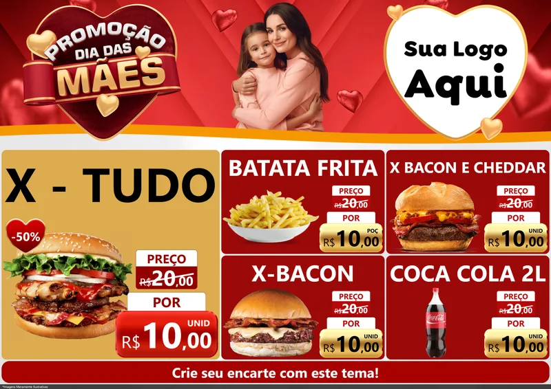 Modelo de Encarte para Encarte A4 Horizontal com o tema Promoção Dia das Mães para Hamburgueria