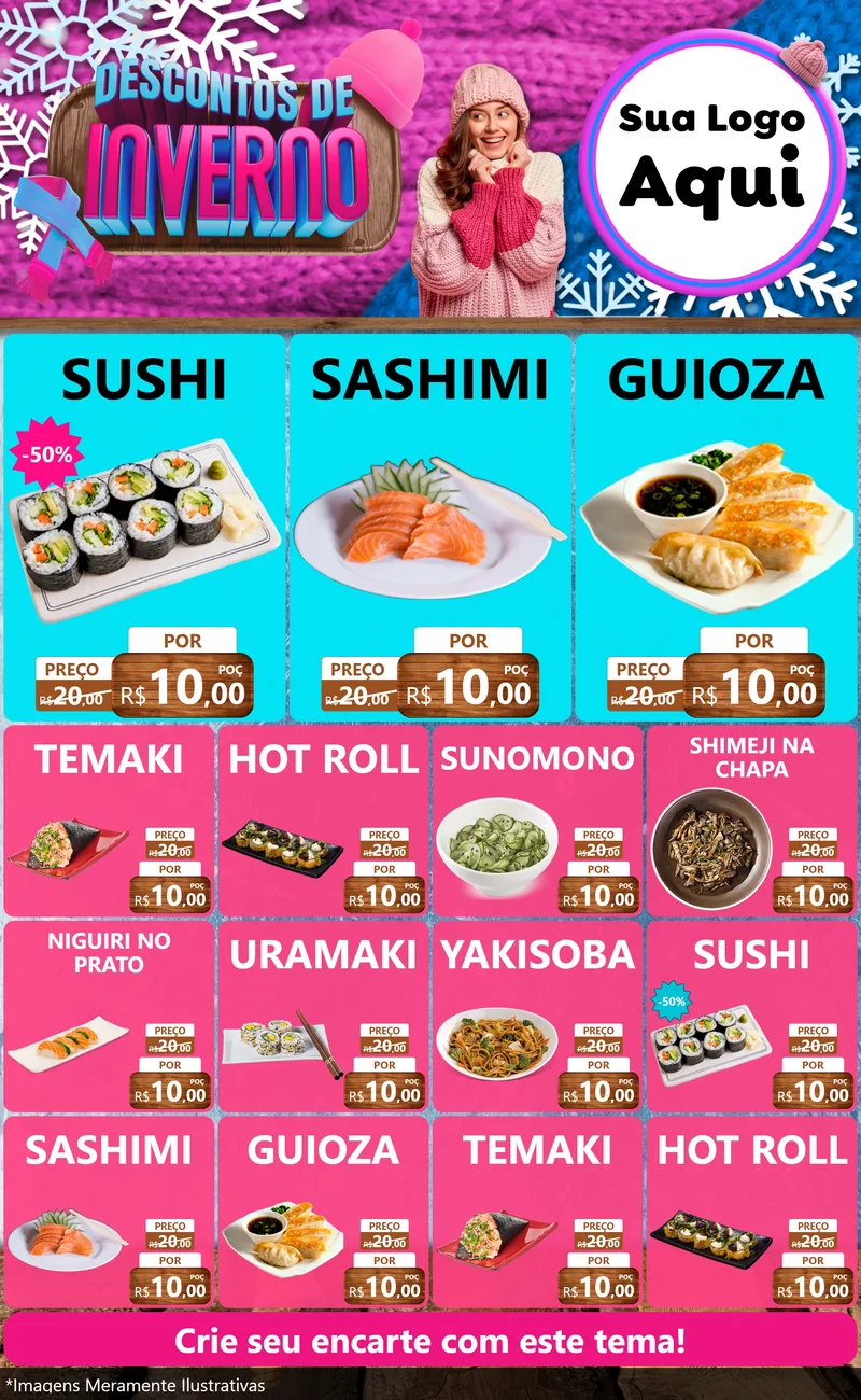 Modelo de Encarte para Encarte Grande com o tema Descontos de Inverno para Comida japonesa