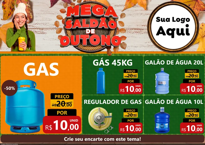 Modelo de Encarte para Encarte A4 Horizontal com o tema Mega Saldão de Outono para Água e gás