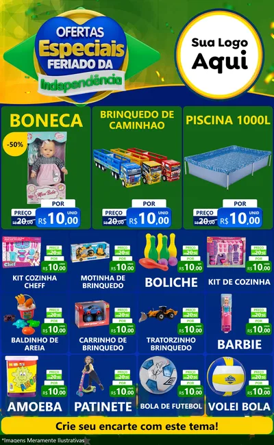 Modelo de Encarte para Encarte Grande com o tema Ofertas Especiais Feriado da Independência para Brinquedos