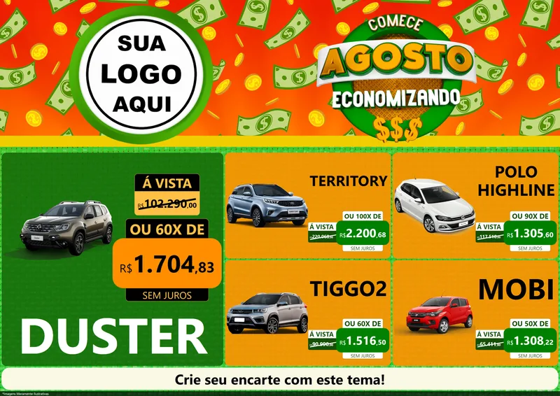 Modelo de Encarte para Encarte A4 Horizontal com o tema Comece Agosto Economizando para Concessionaria de Carros