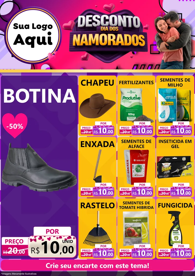 Modelo de Encarte para Encarte A4 Vertical com o tema Desconto Dia dos Namorados para Agropecuária