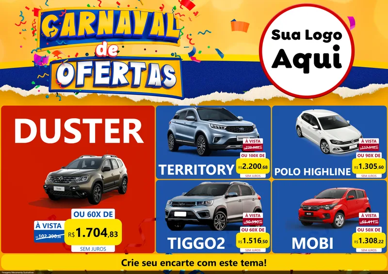 Modelo de Encarte para Encarte A4 Horizontal com o tema Carnaval de Ofertas para Concessionaria de Carros