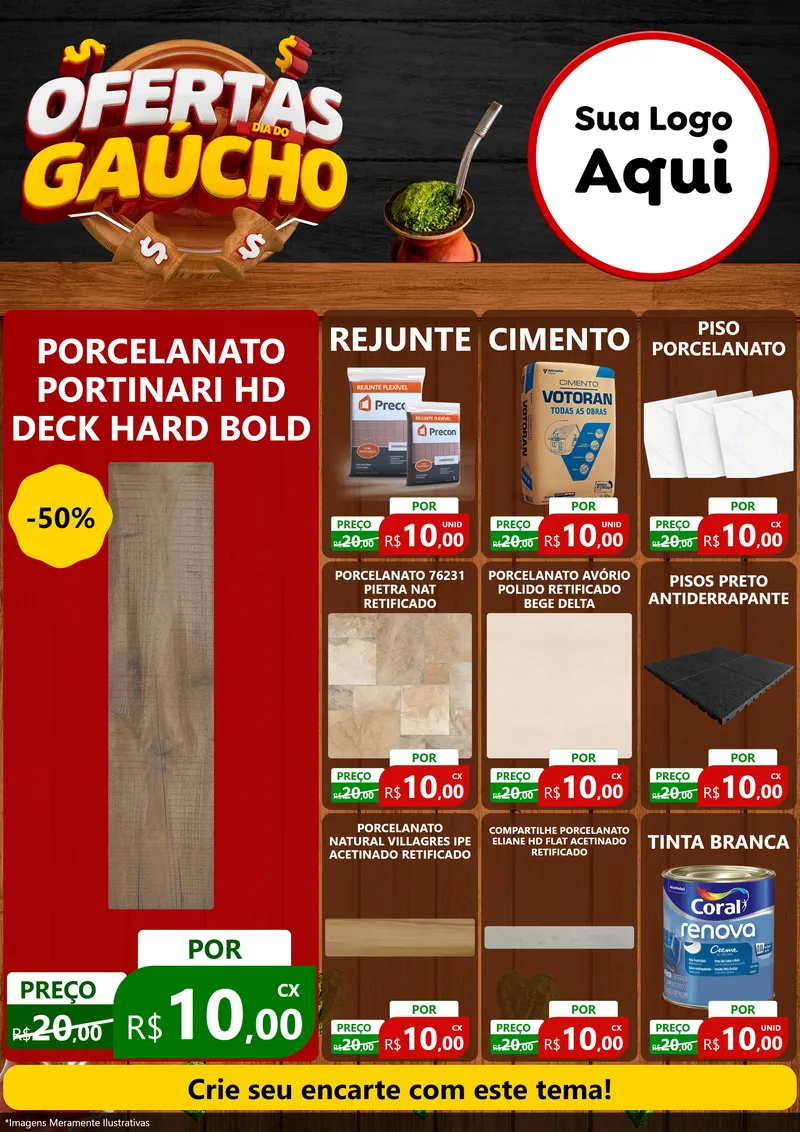 Modelo de Encarte para Encarte A4 Vertical com o tema Ofertas Dia do Gaúcho para Pisos e revestimentos