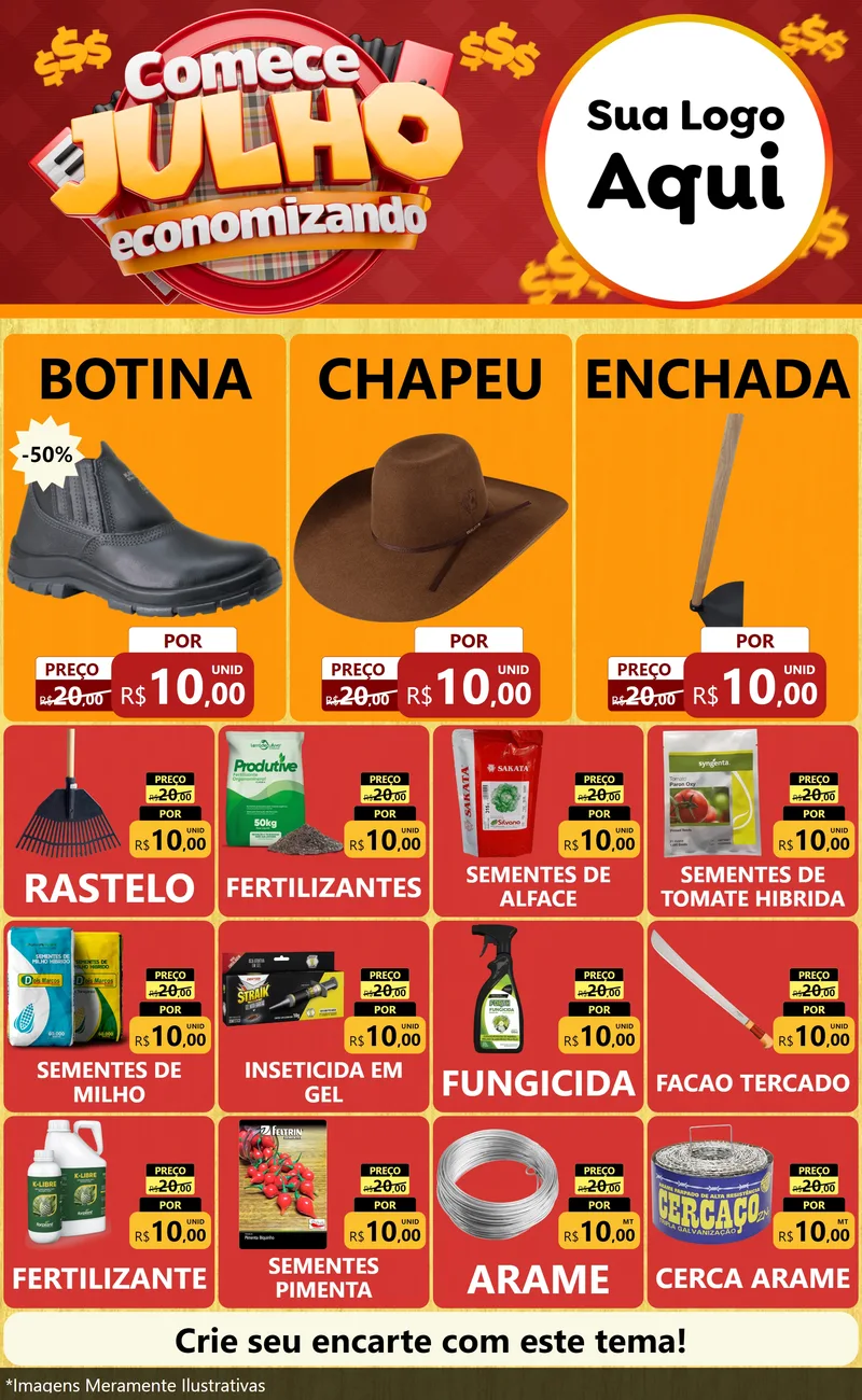Modelo de Encarte para Encarte Grande com o tema Comece Julho Economizando para Agropecuária