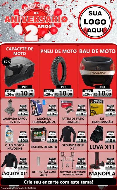 Modelo de Encarte para Encarte Grande com o tema Promoção de Aniversário - 2 Anos para Moto peças