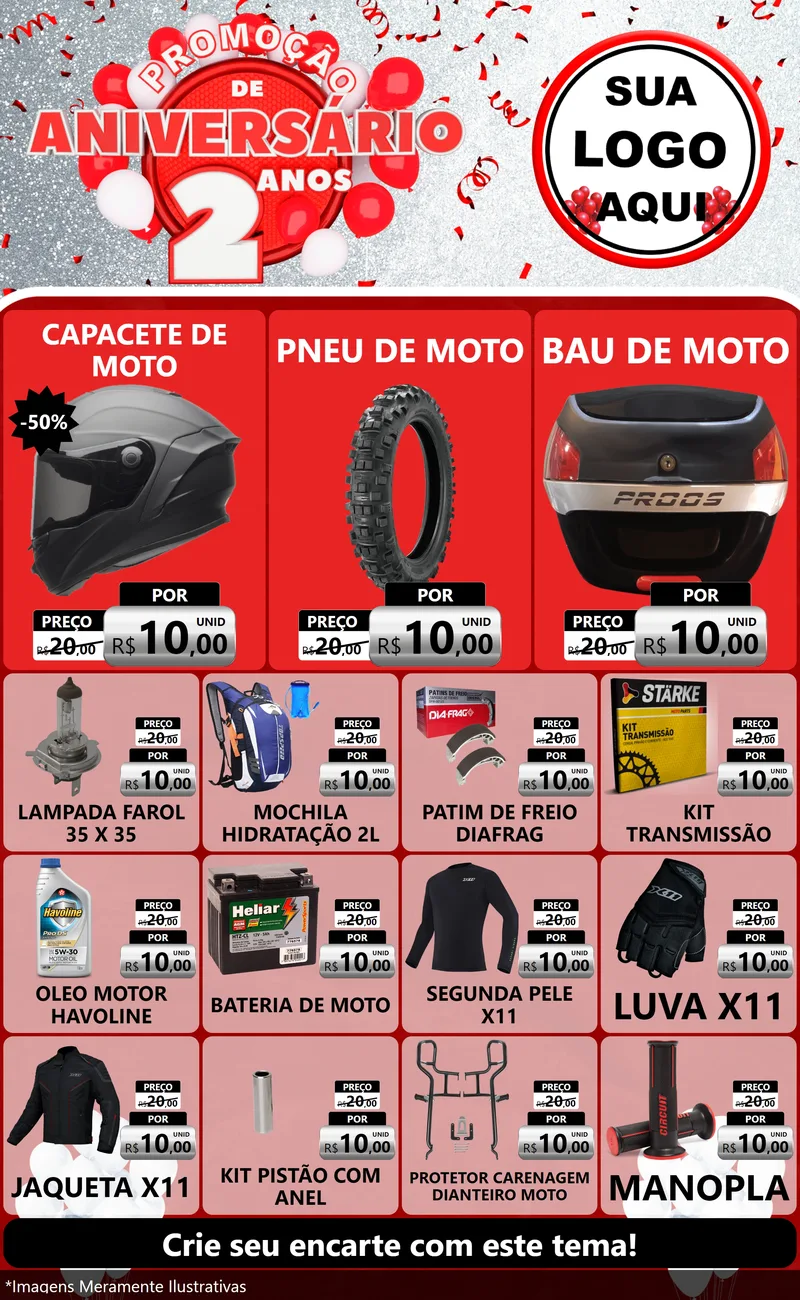Modelo de Encarte para Encarte Grande com o tema Promoção de Aniversário - 2 Anos para Moto peças