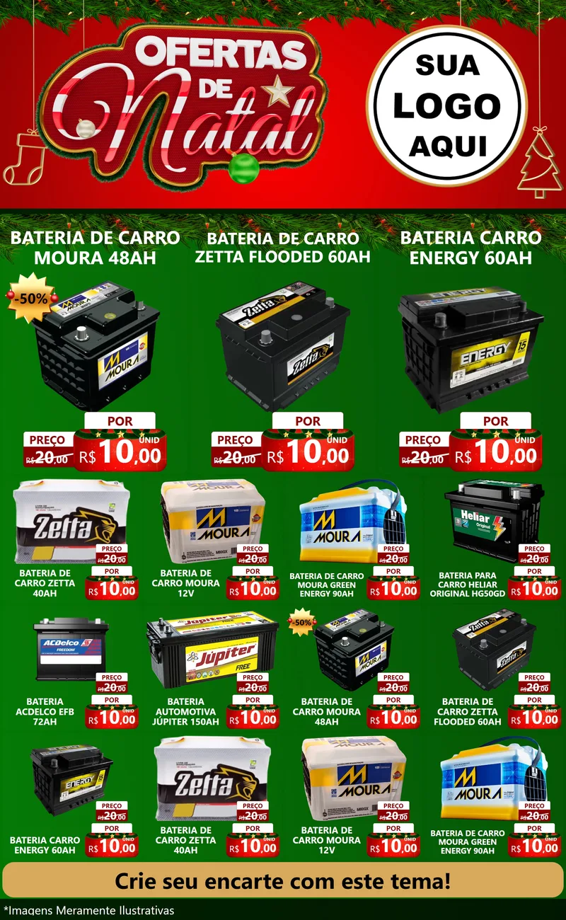 Modelo de Encarte para Encarte Grande com o tema Ofertas de Natal para Baterias Elétricas