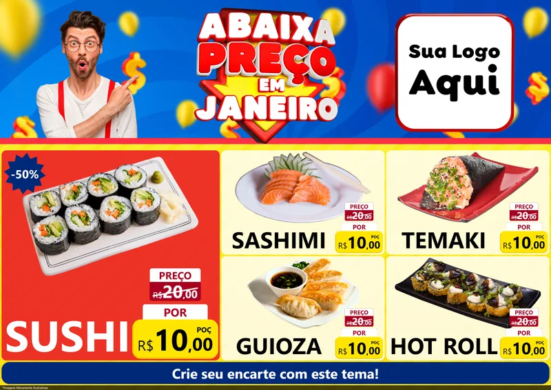Modelo de Encarte para Encarte A4 Horizontal com o tema Abaixa Preço em Janeiro para Comida japonesa