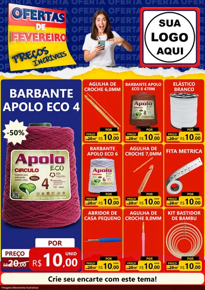 Modelo de Encarte para Encarte A4 Vertical com o tema Ofertas de Fevereiro - Preços Incríveis para Armarinho e Aviamentos