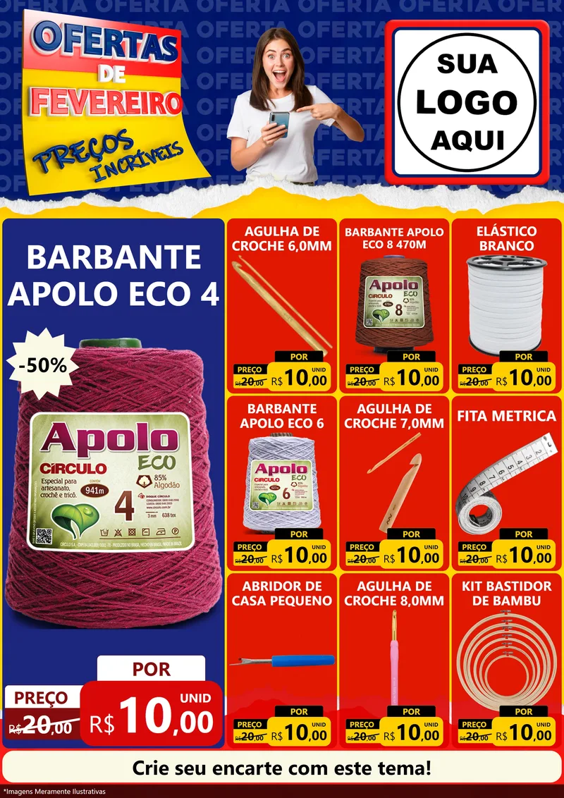 Modelo de Encarte para Encarte A4 Vertical com o tema Ofertas de Fevereiro - Preços Incríveis para Armarinho e Aviamentos