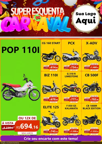 Modelo de Encarte para Encarte A4 Vertical com o tema Super Esquenta de Carnaval para Concessionaria de Motos