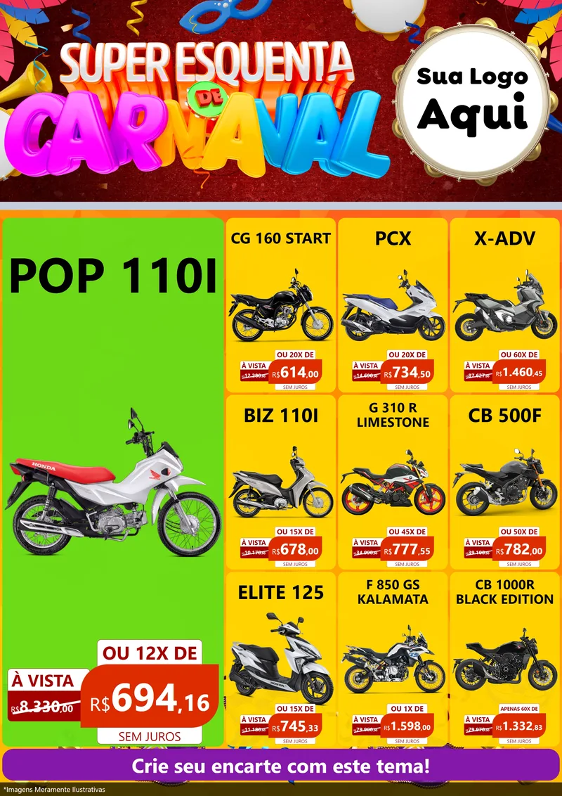 Modelo de Encarte para Encarte A4 Vertical com o tema Super Esquenta de Carnaval para Concessionaria de Motos