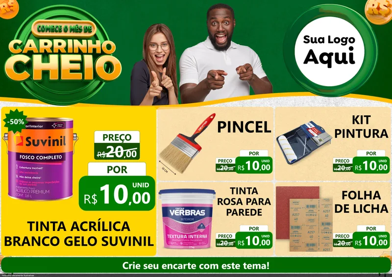 Modelo de Encarte para Encarte A4 Horizontal com o tema Carrinho Cheio para Tintas e Ferramentas