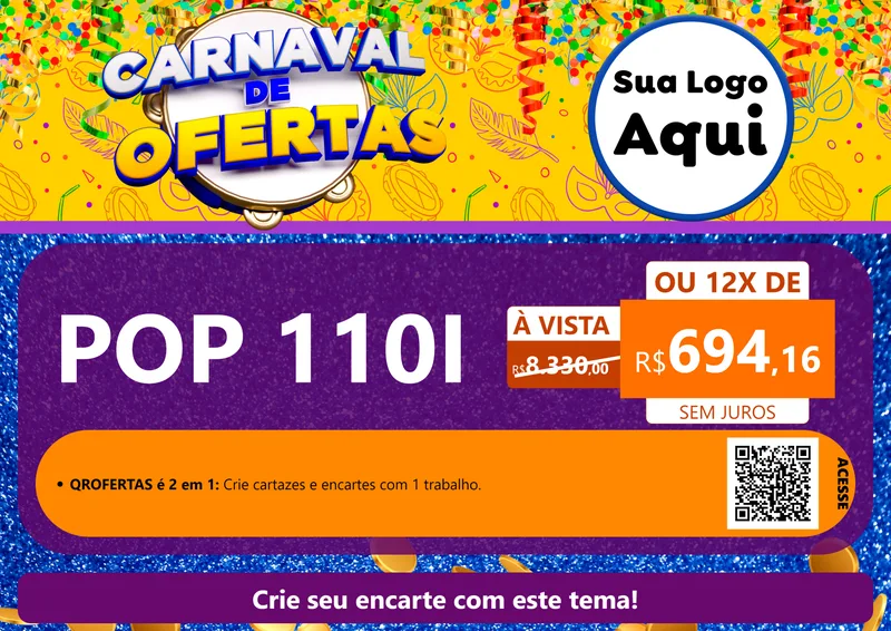 Modelo de Cartaz para Cartaz A4 Horizontal com o tema Carnaval de Ofertas para Concessionaria de Motos