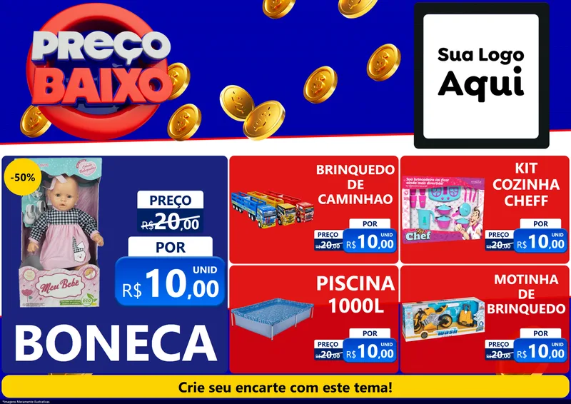 Modelo de Encarte para Encarte A4 Horizontal com o tema Preço Baixo para Brinquedos