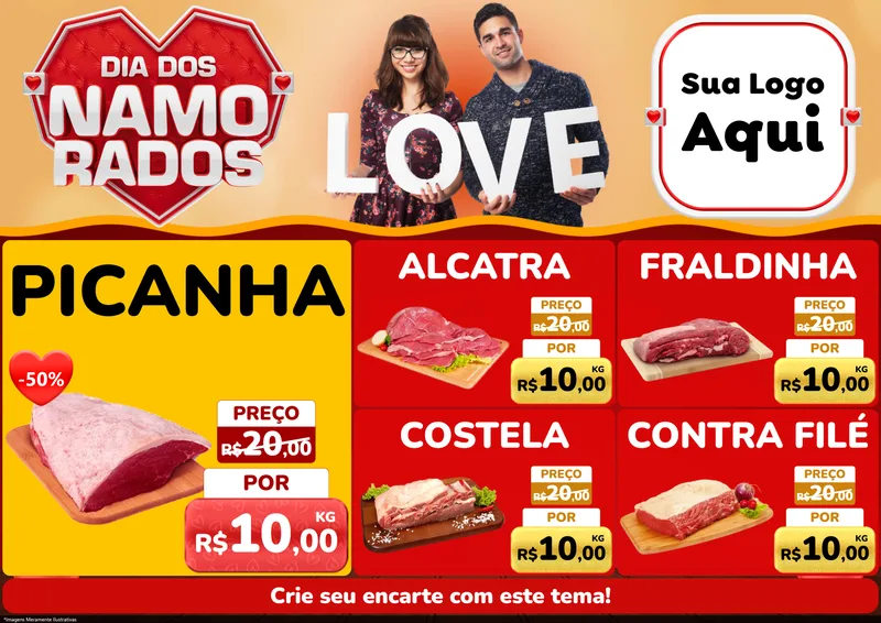Modelo de Encarte para Encarte A4 Horizontal com o tema Dia dos Namorados para Açougue