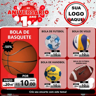 Modelo de Rede Social para Feed Facebook com o tema Promoção de Aniversário - 1 Ano para Artigos Esportivos