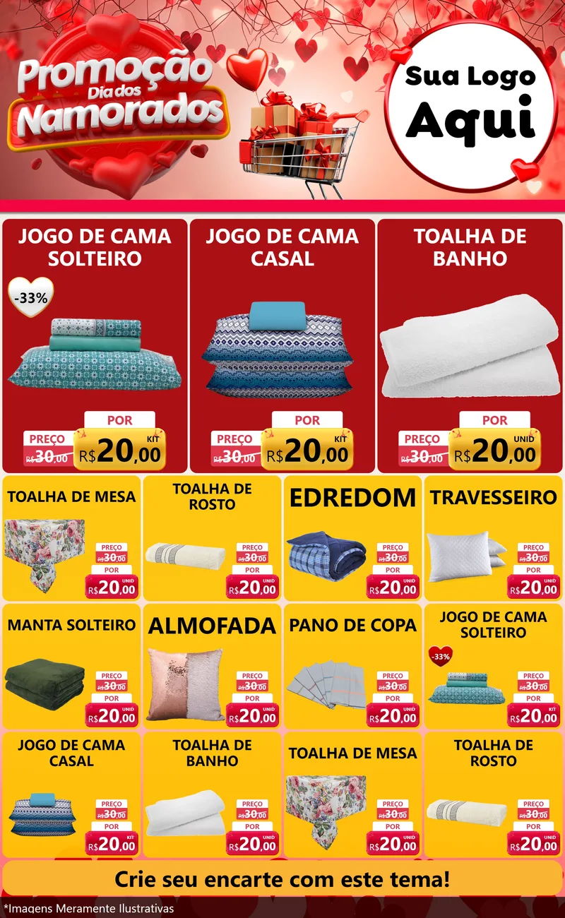 Modelo de Encarte para Encarte Grande com o tema Promoção Dia dos Namorados para Cama, Mesa e Banho
