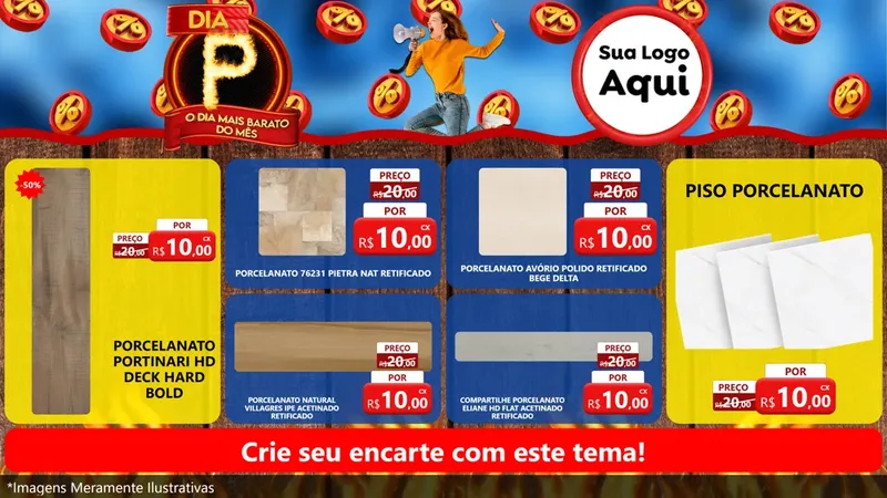 Modelo de TV para TV Horizontal com o tema Dia P - O Dia Mais Barato Do Mês para Pisos e revestimentos