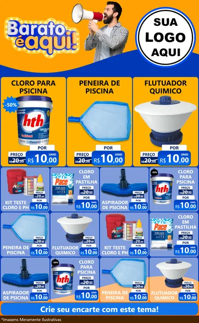 Modelo de Encarte para Encarte Grande com o tema Barato é aqui para Produtos para Piscina