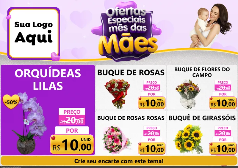 Modelo de Encarte para Encarte A4 Horizontal com o tema Ofertas Especiais - Mês das Mães para Floricultura e jardim