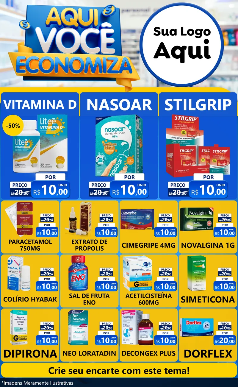 Modelo de Encarte para Encarte Grande com o tema Aqui Você Economiza para Farmácia