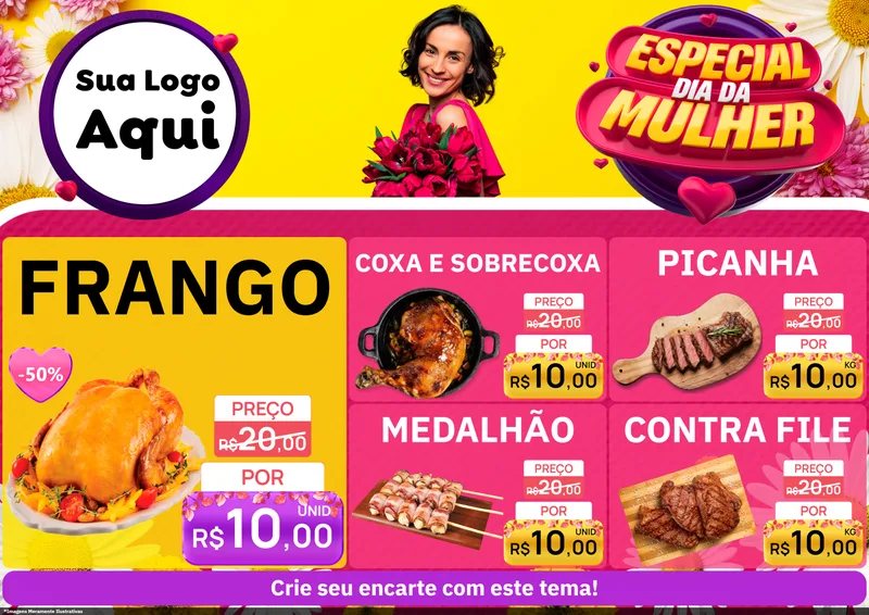 Modelo de Encarte para Encarte A4 Horizontal com o tema Especial Dia da Mulher para Assados