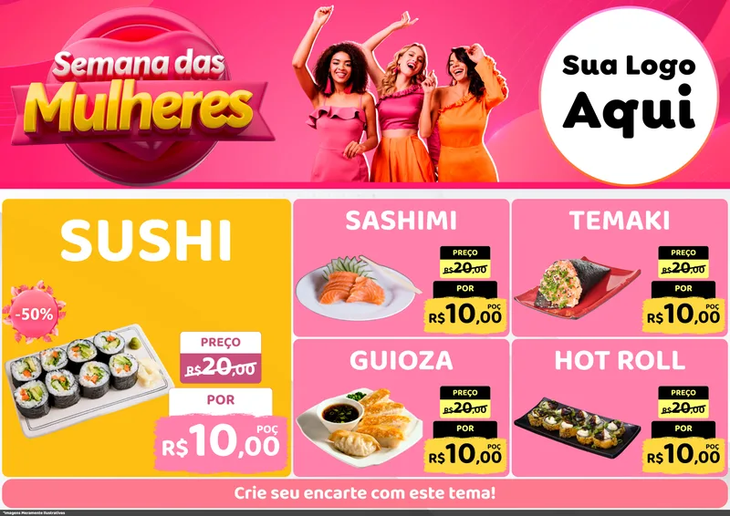 Modelo de Encarte para Encarte A4 Horizontal com o tema Semana das Mulheres para Comida japonesa