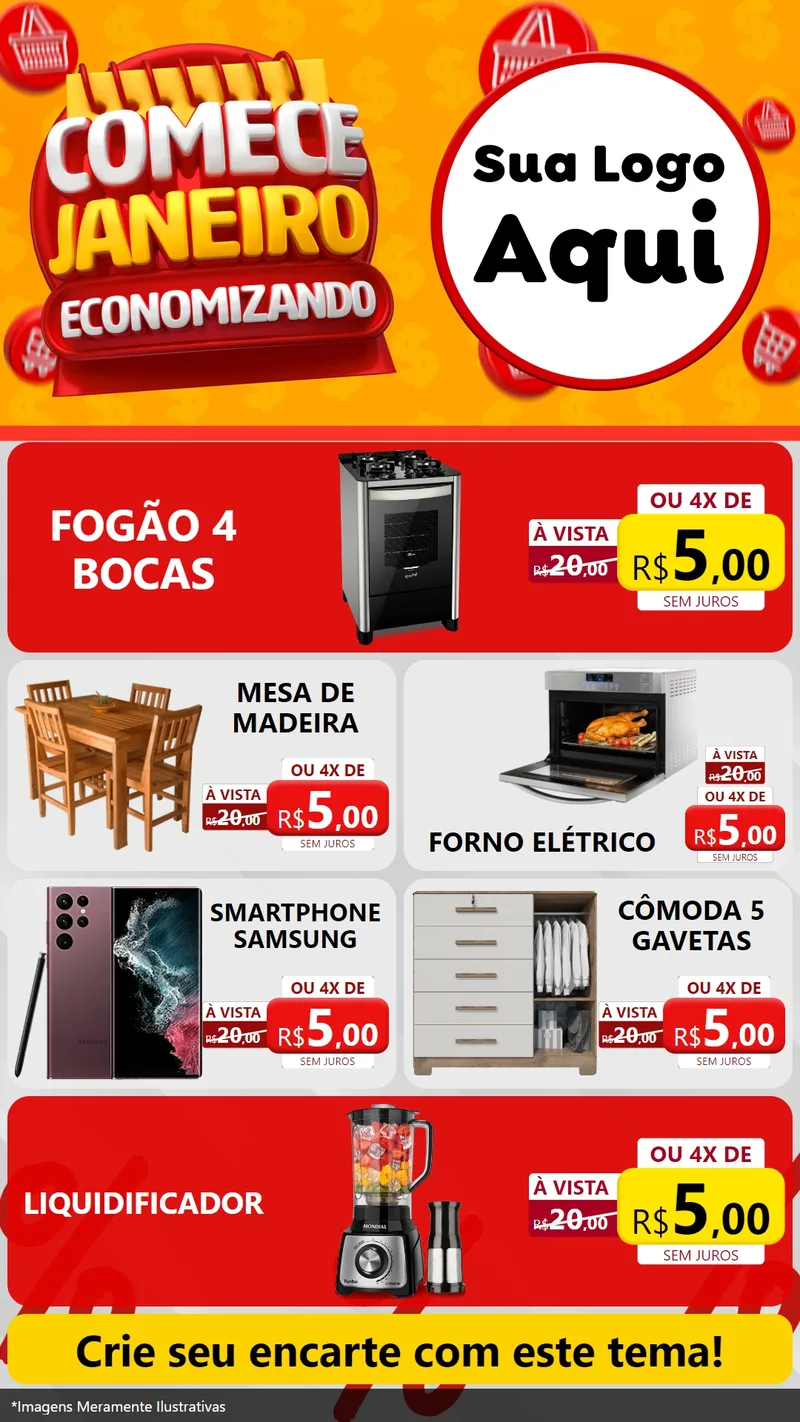 Modelo de TV para TV Vertical com o tema Comece Janeiro Economizando para Móveis e Eletro