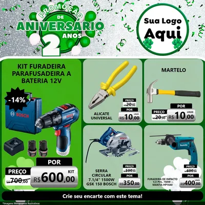 Modelo de Rede Social para Feed Facebook com o tema Promoção de Aniversário - 2 Anos para Maquinas e Ferramentas