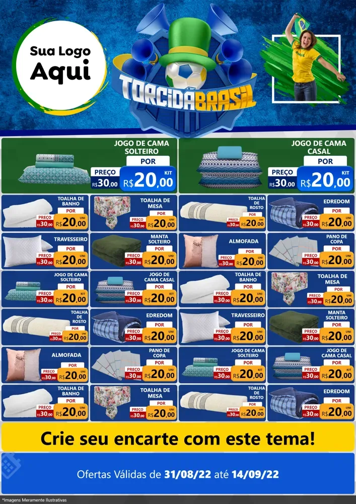 Modelo de Encarte para Encarte A4 Vertical com o tema Torcida Brasil - Copa para Cama, Mesa e Banho
