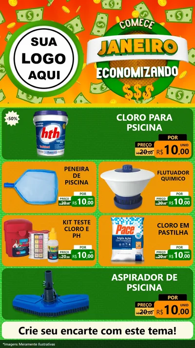 Modelo de TV para TV Vertical com o tema Comece Janeiro Economizando para Produtos para Piscina