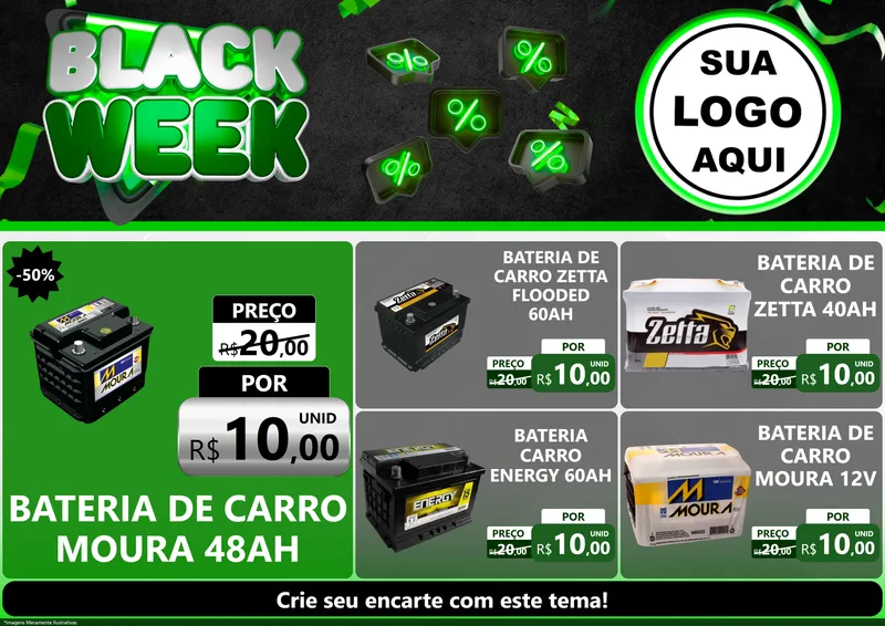 Modelo de Encarte para Encarte A4 Horizontal com o tema Black Week para Baterias Elétricas