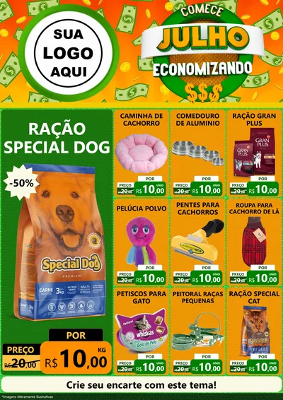 Modelo de Encarte para Encarte A4 Vertical com o tema Comece Julho Economizando para Pet Shop