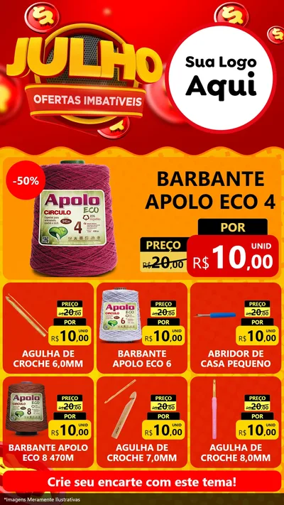 Modelo de Rede Social para Stories com o tema Julho Ofertas Imbatíveis para Armarinho e Aviamentos
