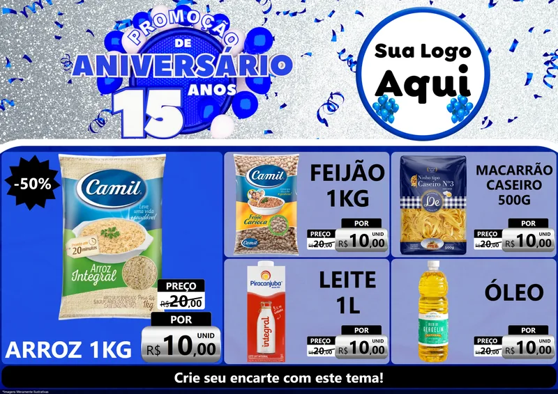 Modelo de Encarte para Encarte A4 Horizontal com o tema Promoção de Aniversário - 15 Anos para Supermercado