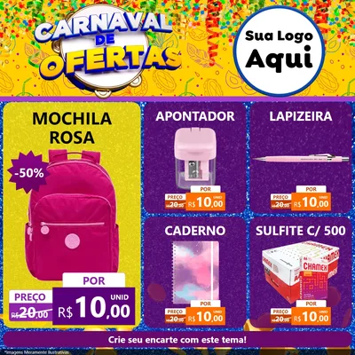 Modelo de Rede Social para Feed Facebook com o tema Carnaval de Ofertas para Papelaria