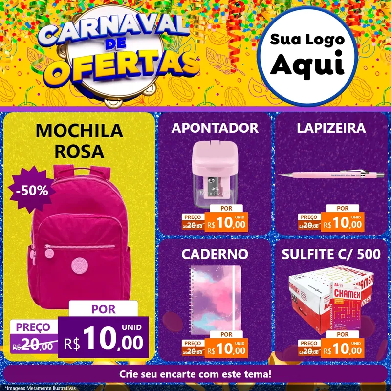 Modelo de Rede Social para Feed Facebook com o tema Carnaval de Ofertas para Papelaria