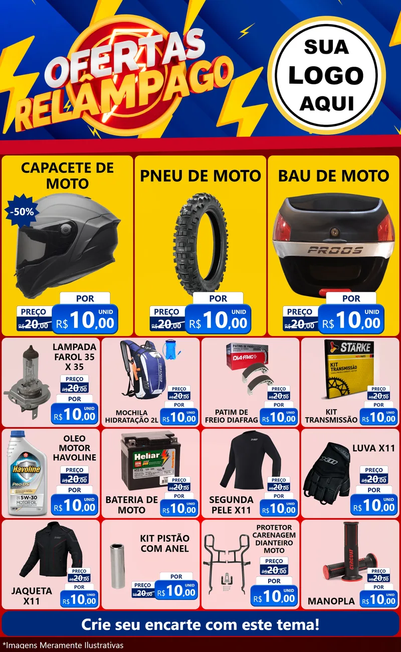 Modelo de Encarte para Encarte Grande com o tema Ofertas Relâmpago para Moto peças