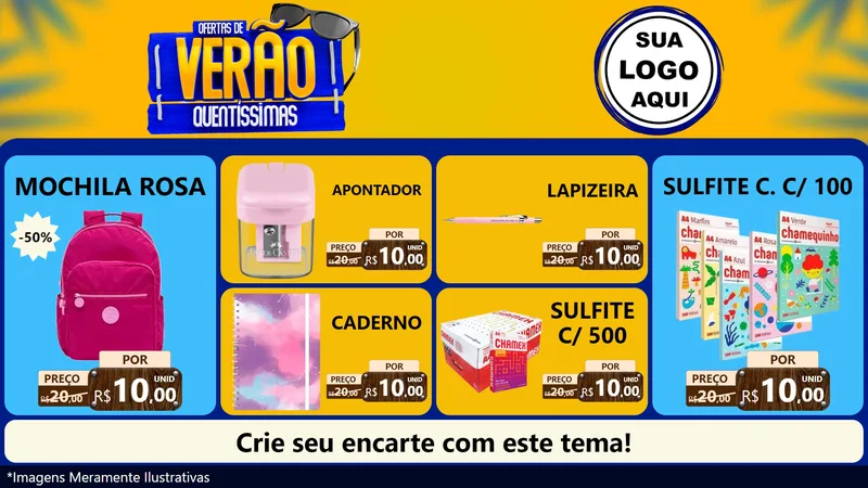 Modelo de TV para TV Horizontal com o tema Ofertas de Verão Quentíssimas para Papelaria