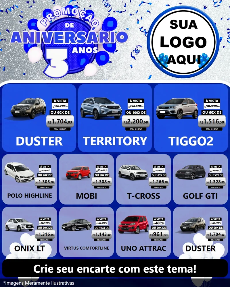 Modelo de Rede Social para Feed Instagram com o tema Promoção de Aniversário - 3 Anos para Concessionaria de Carros