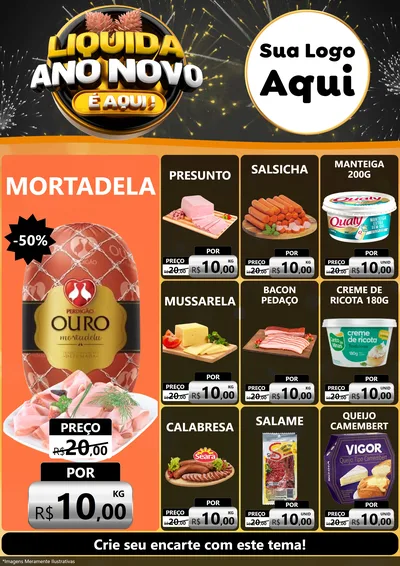 Modelo de Encarte para Encarte A4 Vertical com o tema Liquida Ano Novo É Aqui! para Frios e Laticínios