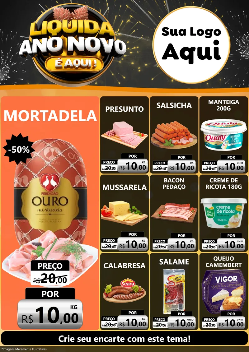 Modelo de Encarte para Encarte A4 Vertical com o tema Liquida Ano Novo É Aqui! para Frios e Laticínios