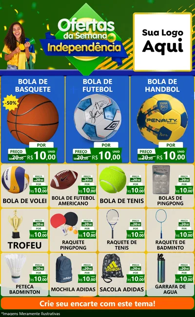 Modelo de Encarte para Encarte Grande com o tema Ofertas da Semana da Independência para Artigos Esportivos