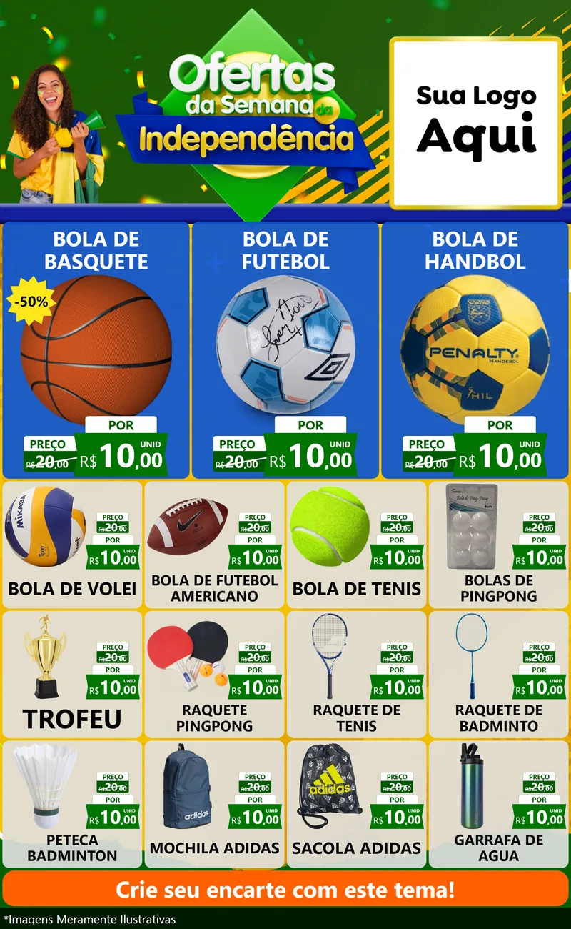 Modelo de Encarte para Encarte Grande com o tema Ofertas da Semana da Independência para Artigos Esportivos