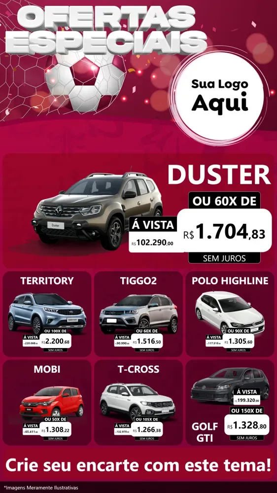 Modelo de Rede Social para Stories com o tema Ofertas Especiais - Futebol para Concessionaria de Carros