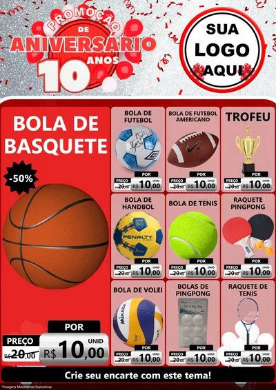 Modelo de Encarte para Encarte A4 Vertical com o tema Promoção de Aniversário - 10 Anos para Artigos Esportivos